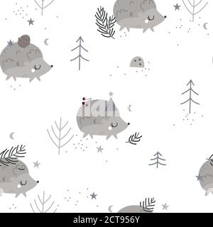 Christmas seamless pattern with hedgehogs. Stock Vector