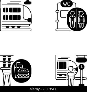 Railway services black linear icons set Stock Vector
