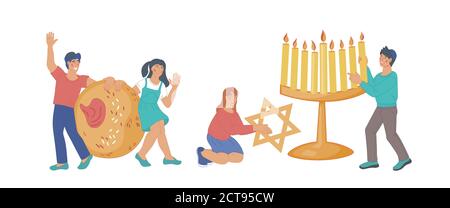 Children celebrating Hanukkah Jewish holiday, vector illustration isolated. Stock Vector