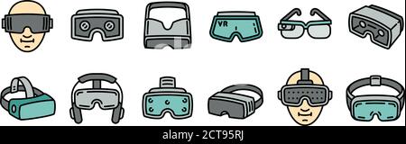 Game goggles icons set. Outline set of game goggles vector icons for web design isolated on white background Stock Vector