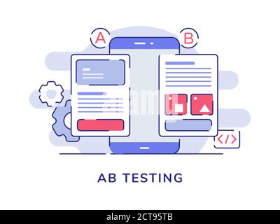 AB testing concept A B comparison split wireframe application on display smartphone screen with flat outline style Stock Vector