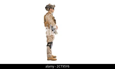 Soldier standing waiting and doing nothing on white background. Stock Photo