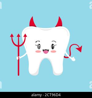 Cute tooth emoji devil isolated on blue background. Stock Vector