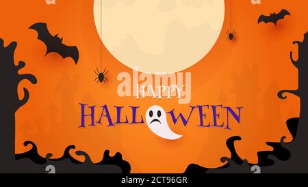 Happy Halloween party decoration with a full moon and dark tree border concept paper cut style background vector illustration Stock Vector