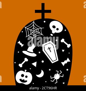 Vector illustration with a tombstone and a ghost painted on it, a hat, a pumpkin, a spider. Stock Vector