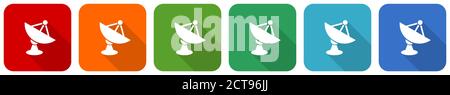 Antenna, satellite, dish, radar icon set, flat design vector illustration in 6 colors options for webdesign and mobile applications Stock Vector