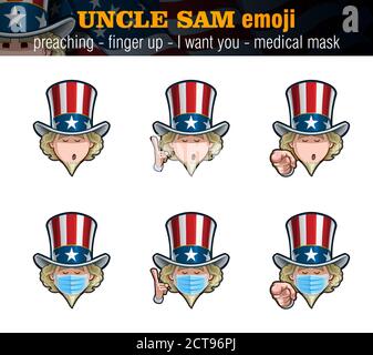 Vector illustrations Set of cartoon Uncle Sam Emoji with preaching expression, just the face, pointing the finger I want you and up and surgical mask Stock Vector