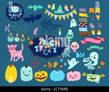 Set of halloween illustrations ghosts, pumpkins, horror, bats Stock Vector