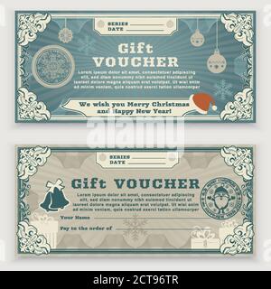 Christmas vintage Voucher template with floral border, snowflakes and christmas balls. Gift coupon Stock Vector