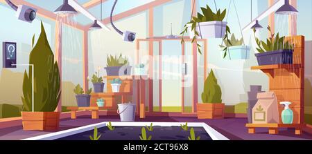 Smart farm, futuristic technologies in farming industry. Digital devices in greenhouse automatically control plants growing and watering, robotics agricultural automation, Cartoon vector illustration Stock Vector