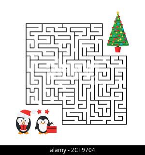 Christmas maze game - labyrinth with cute boy and girl couple with x-mas gifts for kids education. Stock Vector
