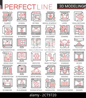 3d printing complex concept science technology thin line web icons vector set. Red black thin line creative design with modelling modern tech printer equipment machinery, future scientific innovations Stock Vector