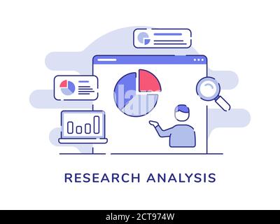 Research analysis concept man presentation data statistic pie chart on display computer screen with flat outline style Stock Vector