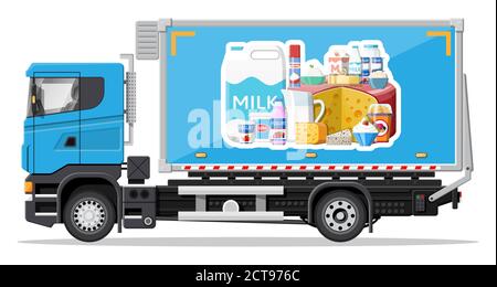 Truck car full of milk products. Shop and farm delivering service. Delivery and selling milk and cheese dairy products concept. Cargo and logistic. Cartoon flat vector illustration Stock Vector