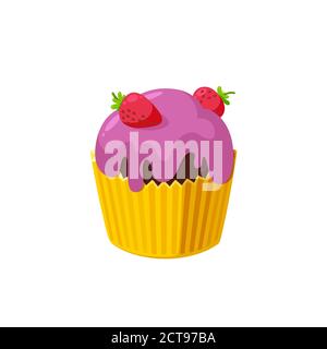 Cupcake with strawberry and pink icing. Fairy cake in paper cup. Tasty dessert with colored frosting. Vector illustration in cute cartoon style Stock Vector