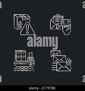 Delivery service chalk white icons set on black background Stock Vector