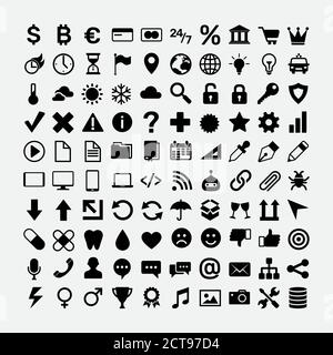 Set of black icons for website design. Business, money and finance, currency, travel and journey, weather, data security and electronics devices, health, internet communication, music vector symbols Stock Vector