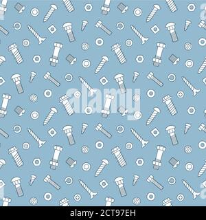 Seamless pattern of fasteners. Bolts, screws and nuts in doodle style. Hand drawn building material. Stock Vector