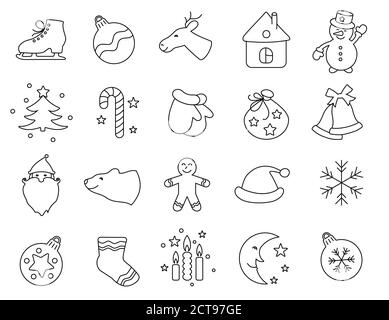 Christmas thin icons for web design and mobile app. Black lines on white background. Sweet christmas candy cane, gingerbread house, man and other Stock Vector