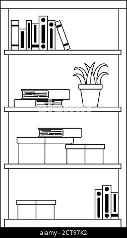 bookscase with books binder boxes and plant isolated design white background vector illustration line style Stock Vector