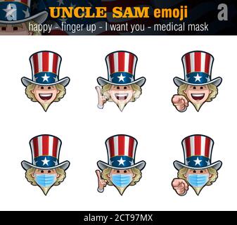 Vector illustrations Set of cartoon Uncle Sam Emoji with smiling expression, just the face, pointing the finger I want you and up and surgical mask op Stock Vector