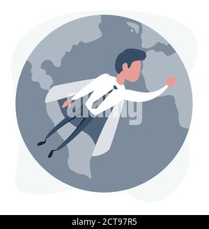 Businessman superhero flying above the earth Stock Vector