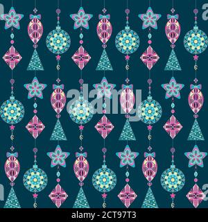 Vector Christmas pattern with Christmas tree toys on a dark background. New year's background. for wrapping paper, postcards, textiles Stock Vector