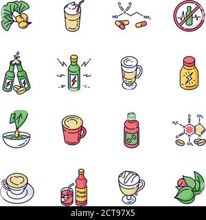 Energy drinks and caffeine RGB color icons set Stock Vector