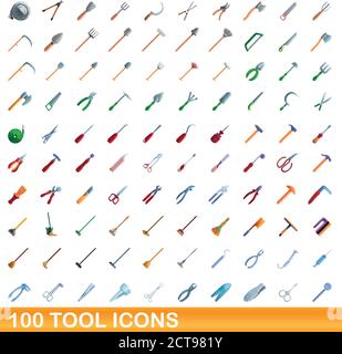 100 tool icons set. Cartoon illustration of 100 tool icons vector set isolated on white background Stock Vector