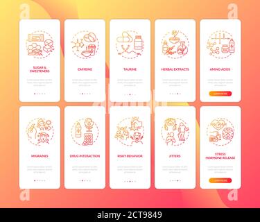 Energetics components and dangers onboarding mobile app page screen with concepts set Stock Vector