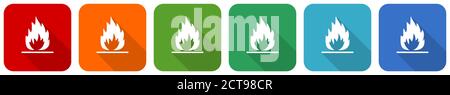 Flame icon set, flat design vector illustration in 6 colors options for webdesign and mobile applications Stock Vector