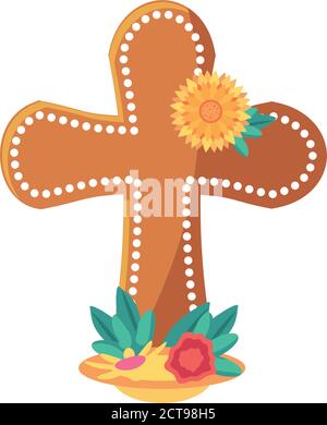 Mexican day of dead cross grave with flowers detailed style icon design, Mexico culture theme Vector illustration Stock Vector