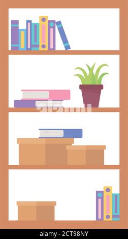 bookscase with books binder boxes and plant isolated design white background vector illustration Stock Vector