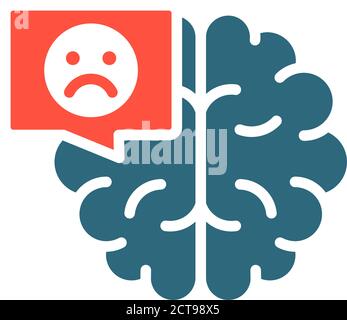 Brain with sad face in chat bubble colored icon. Diseased internal organ, the main organ of the central nervous system illness symbol Stock Vector