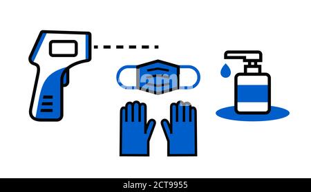 Medical mask and gloves, digital thermometer icons Stock Vector