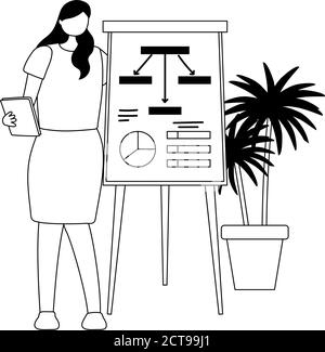 business woman working in a room with board report presentation vector illustration line style Stock Vector
