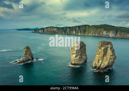 Three brother rocks in Avacha bay Stock Photo