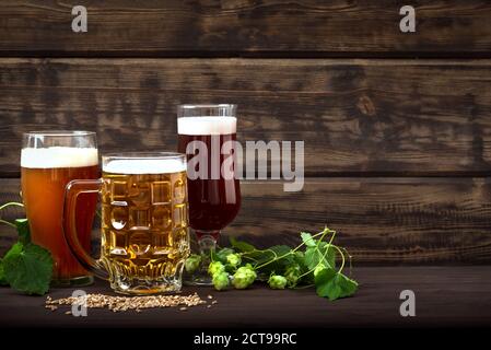 Various sorts of draft beer in glasses and mug on wooden table, copy space. Fresh brewed beer with hops and malt. Stock Photo