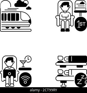 Luxury train service black linear icons set Stock Vector