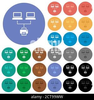 Network printing multi colored flat icons on round backgrounds. Included white, light and dark icon variations for hover and active status effects, an Stock Vector