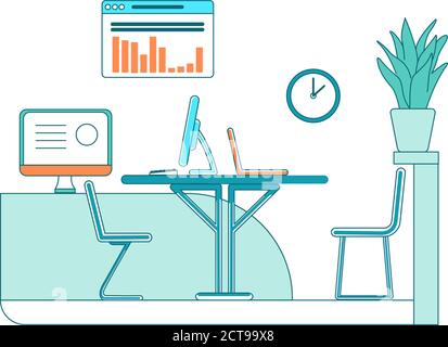 Marketing department desks flat color vector scene. Office place for team work on financial project. Cabinet space isolated cartoon illustration for w Stock Vector