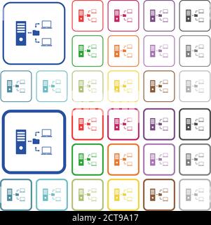 Network file system with server color flat icons in rounded square frames. Thin and thick versions included. Stock Vector