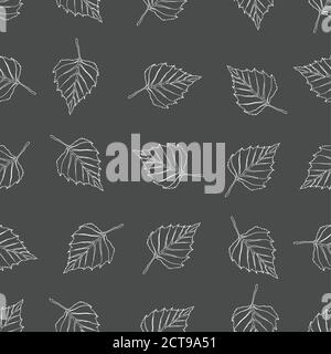 White contour birch leaf on a gray background. Seamless pattern Stock Vector