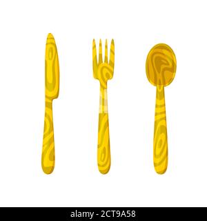 Wooden cultery. Ecological substitute for plastic cultery. Knife, fork and spoon made of wood. Isolated vector illustration in cartoon style Stock Vector