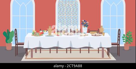 National muslim meal flat color vector illustration. Wedding celebration at restaurant. Dinner table for family. Festive banquet 2D cartoon interior w Stock Vector