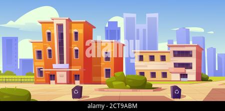 City houses, street with low residential buildings and recycling litter bins in front yard. Home facades with green bushes and tiled paths on megalopolis skyscrapers view, Cartoon vector illustration Stock Vector