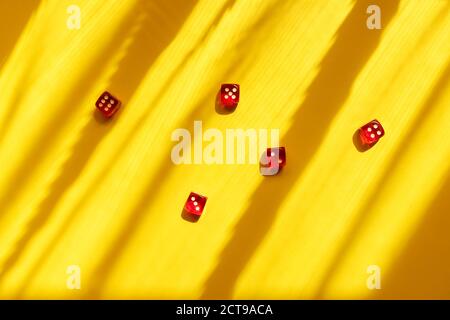 Red Dice on a yellow background, beautiful light and shadows. Playing a game with dice. Rolling the dice concept for business risk. Stock Photo