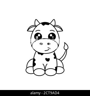 Cute black and white cow. Funny animal cartoon character. Cow sitting and smiling. Baby cow with black spots. Childish calf drawing. Vector Stock Vector