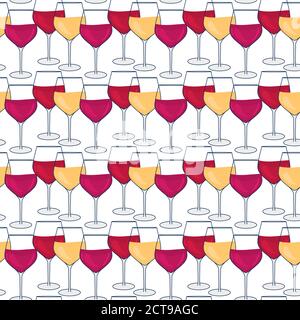 Wine Vector seamless pattern. Glass with red and white. Hand drawn wineglass illustrations isolated on white backgound. Stock Vector