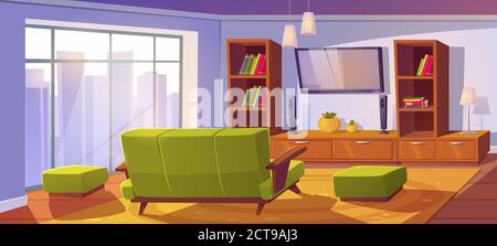 Living room interior with sofa and tv back view, bookshelves and couches. Empty apartment with cozy seat front of television set on wall and large window, home design Cartoon vector illustration Stock Vector